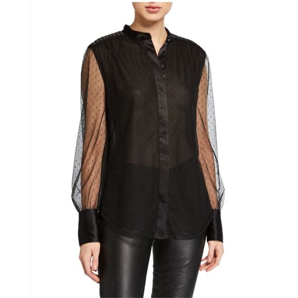 Equipment Femme Garion Button-Down Sheer Sleeve Top Black Size Medium - Picture 1 of 10